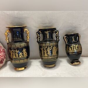 Vintage Set of 3 Hand-Made Greek Black & Gold Porcelain Vases – 24K Gold